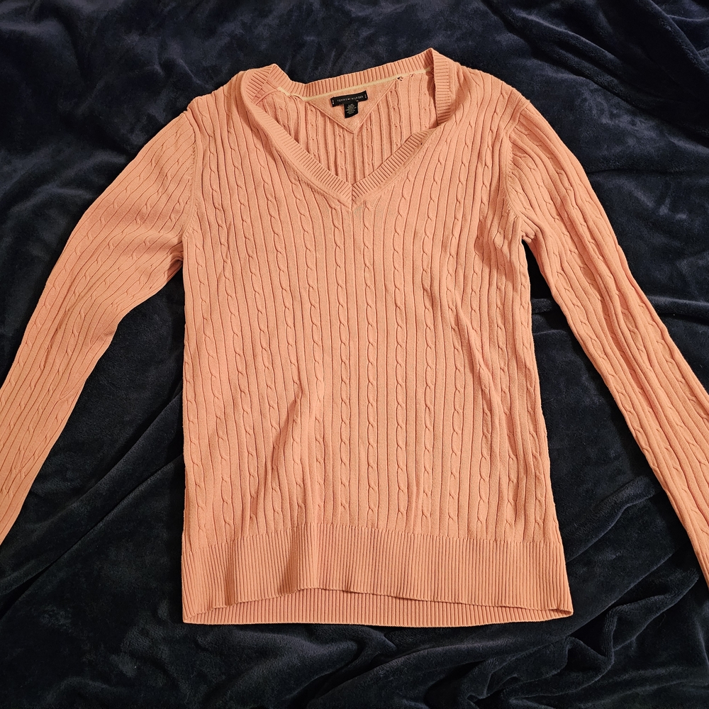 Womens Pink Tommy Hilfiger V-Neck Cable Knit Sweater: Large